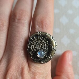 Dark Fawn Silver Spider Web Ring with Moonstone Size 8